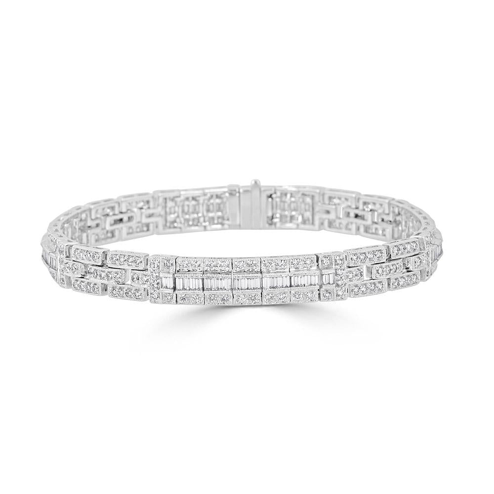 Antique Style Baguette and Round Diamond Bracelet in 18k White Gold